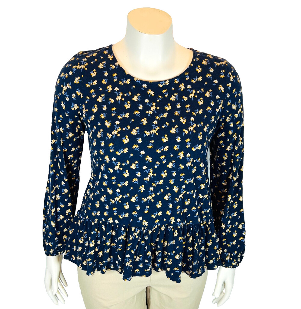 Lucky Brand Blouse Womens M Navy Babydoll Ditsy Floral Long Balloon Sleeve Boat